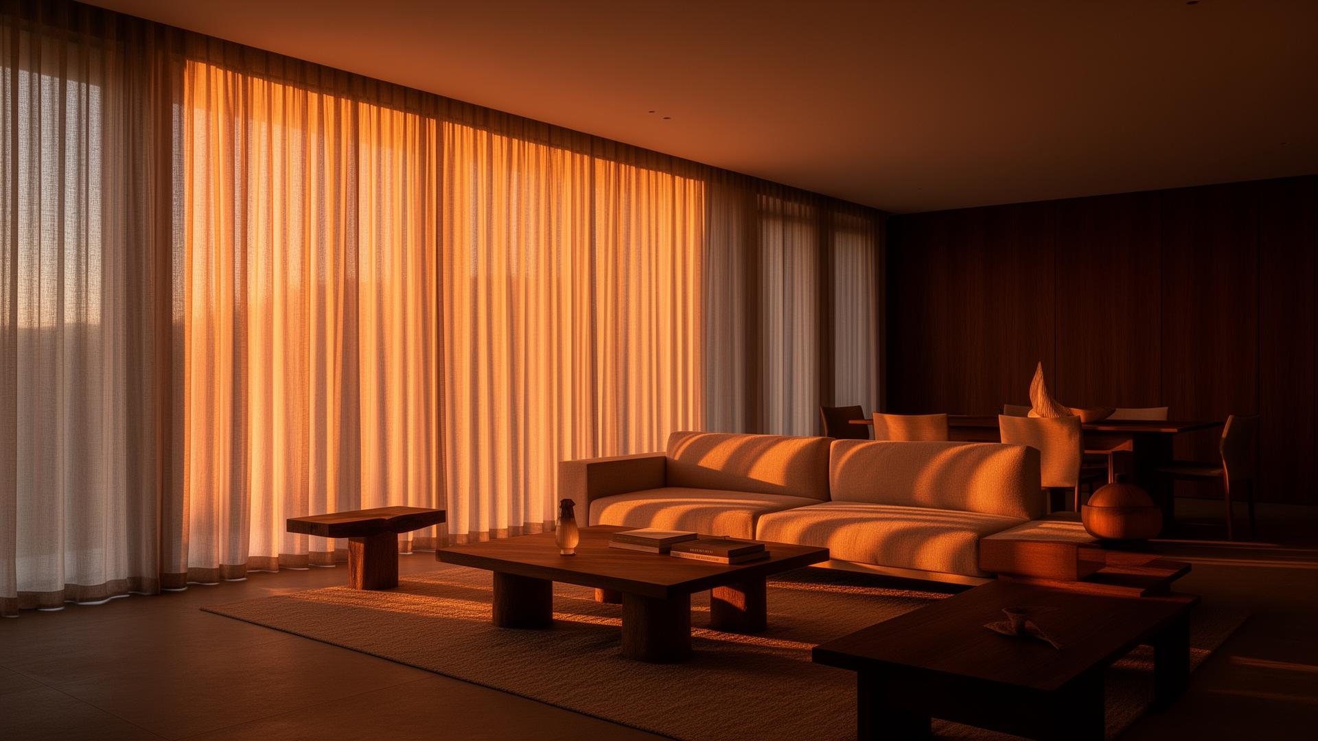 Sala de estar com cortinados elegantes ao fim da tarde